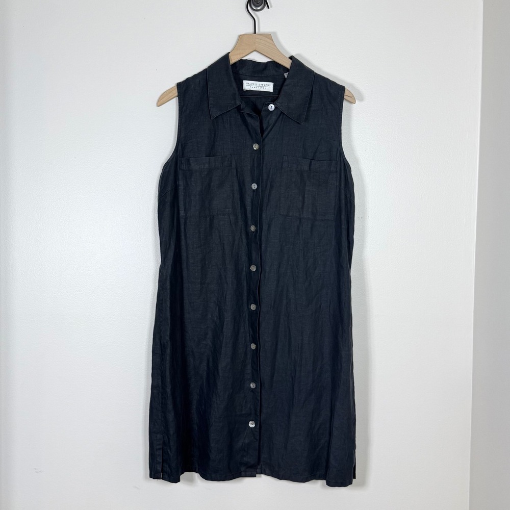 Valerie Stevens Womens Linen Shirt Dress Size 10 Black Sleeveless Minimalist